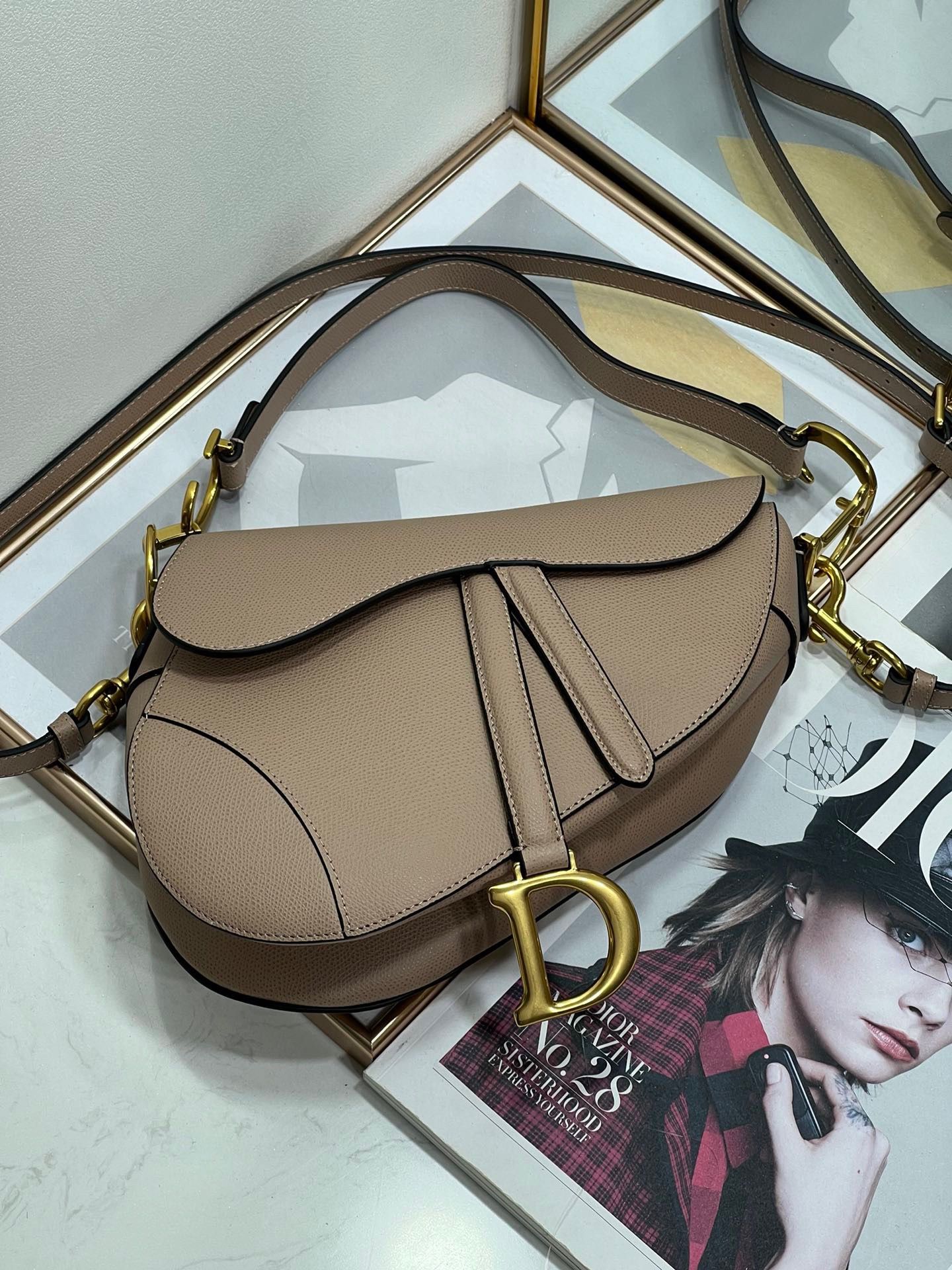 Dior Saddle Bag with Strap in Warm Taupe Grained Calfskin