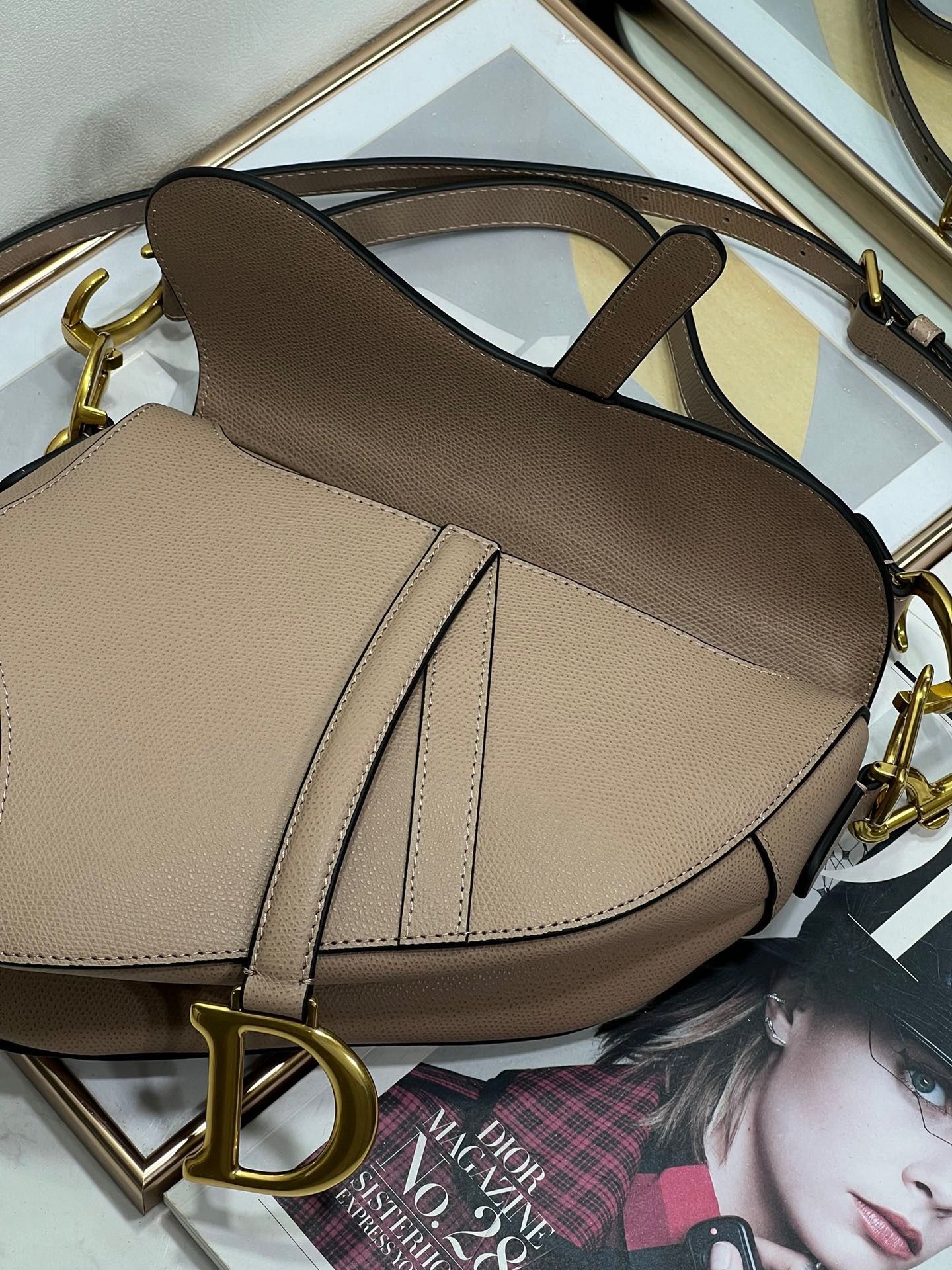 Dior Saddle Bag with Strap in Warm Taupe Grained Calfskin