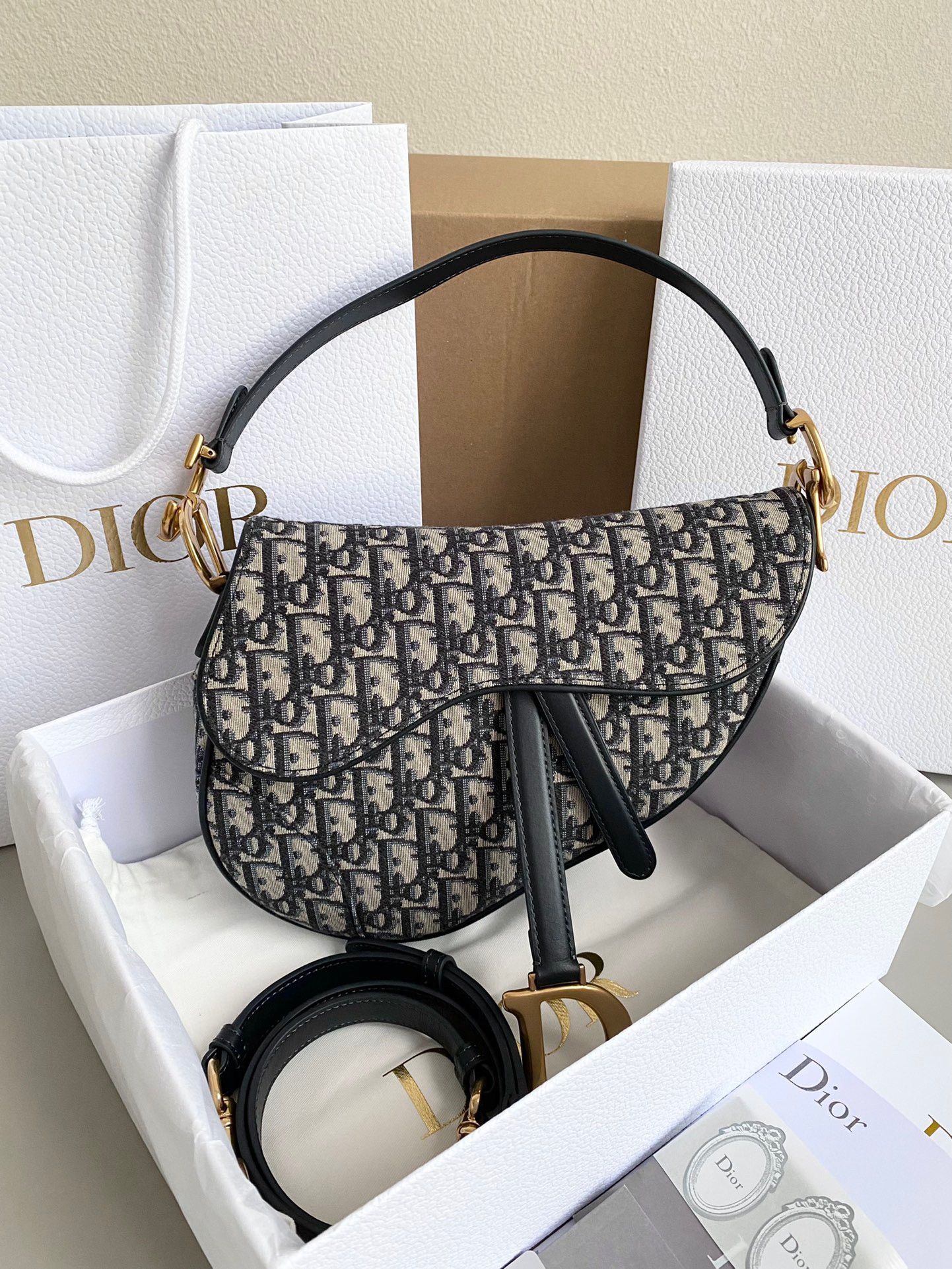 Dior Saddle Bag with Strap in Blue Oblique Jacquard