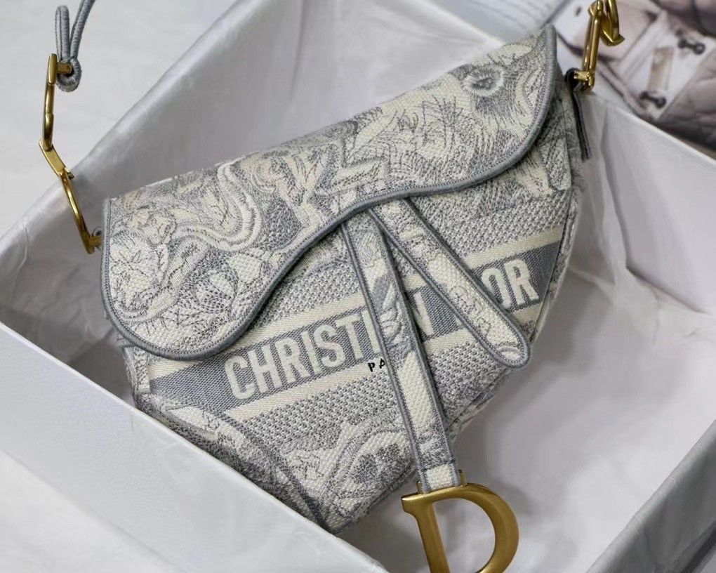 Dior Saddle Bag In Grey Toile de Jouy Embroidery