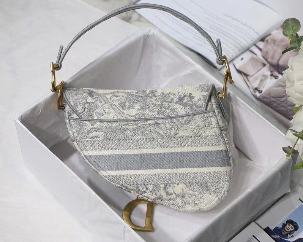 Dior Saddle Bag In Grey Toile de Jouy Embroidery