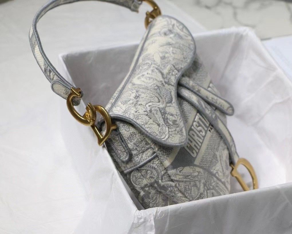 Dior Saddle Bag In Grey Toile de Jouy Embroidery