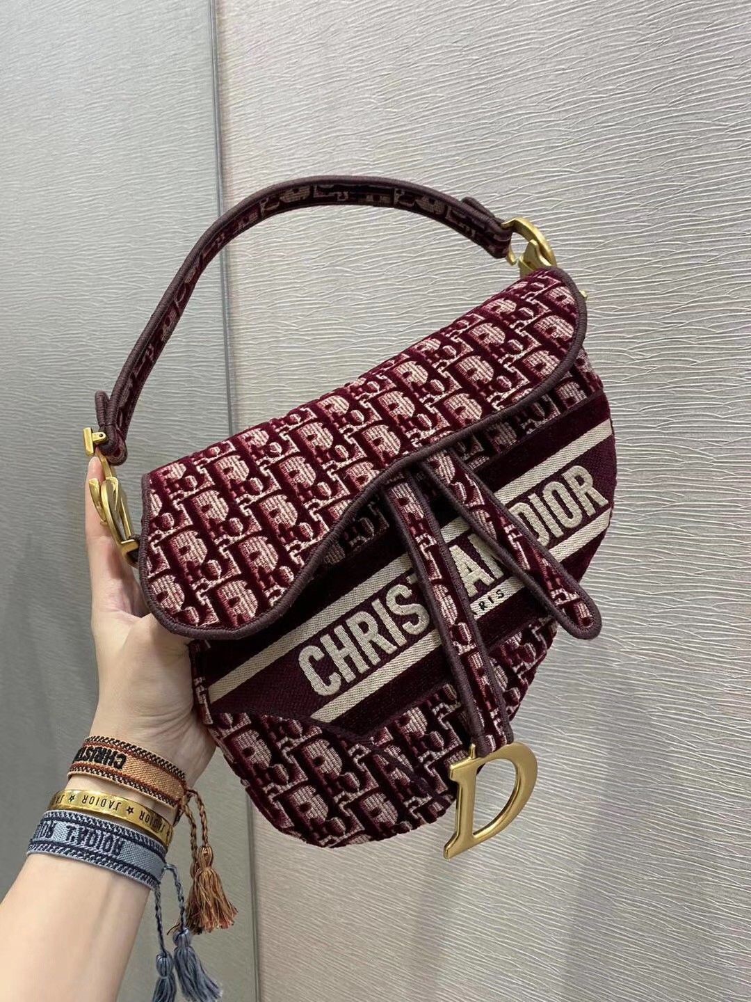 Dior Saddle Bag In Bordeaux Velvet Oblique Embroidered