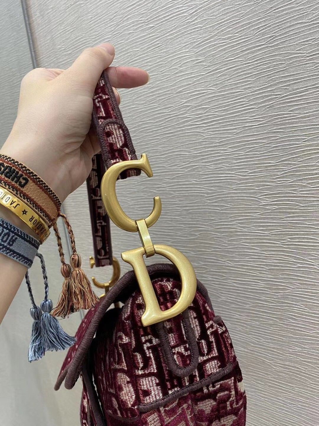 Dior Saddle Bag In Bordeaux Velvet Oblique Embroidered