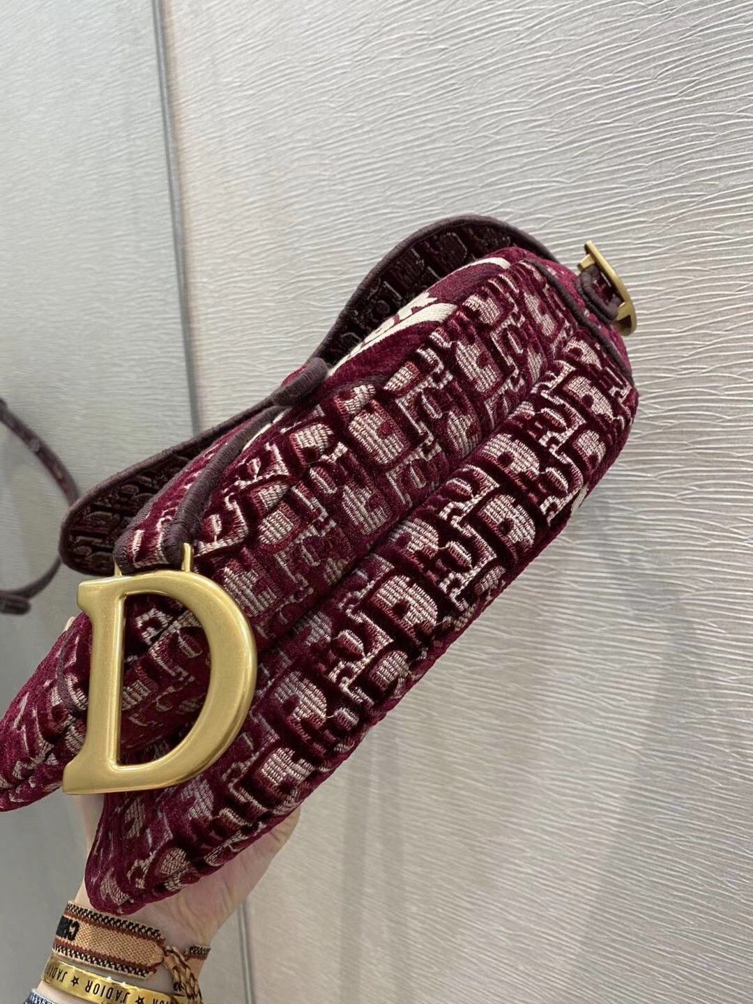 Dior Saddle Bag In Bordeaux Velvet Oblique Embroidered