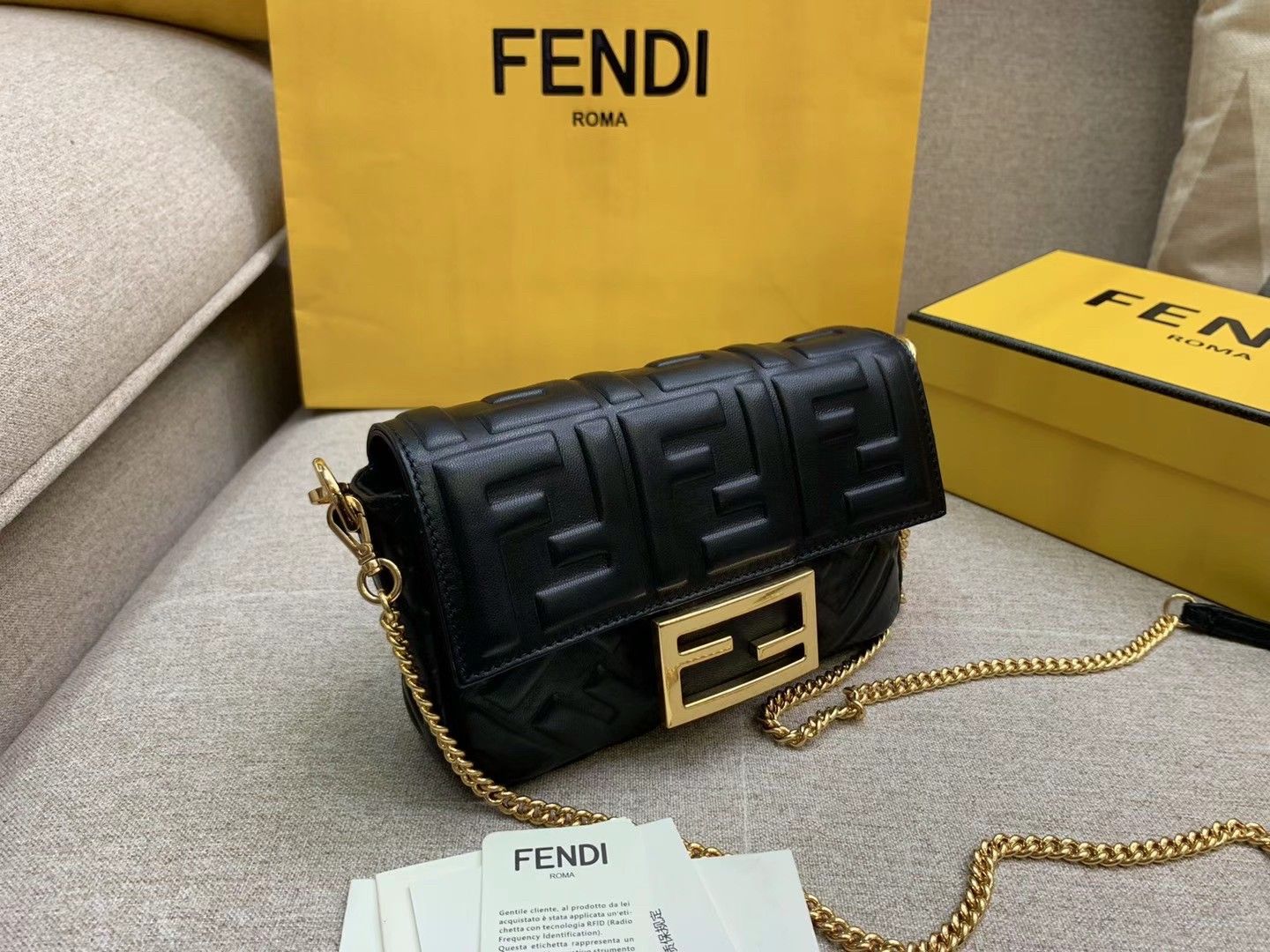 Fendi Small Baguette Bag In Black FF Nappa Leather