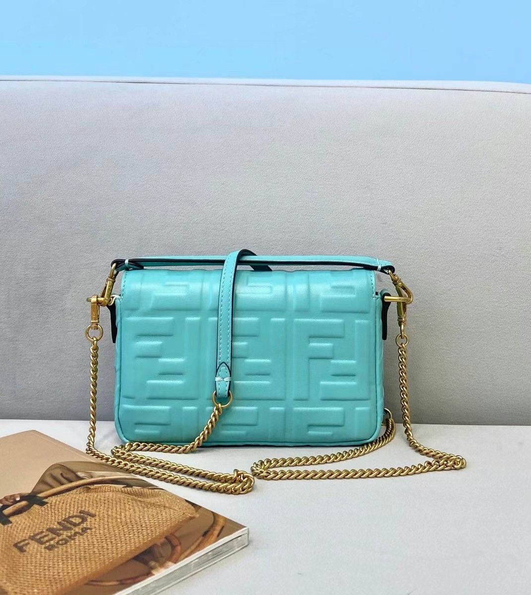 Fendi Small Baguette Bag In Blue FF Nappa Leather