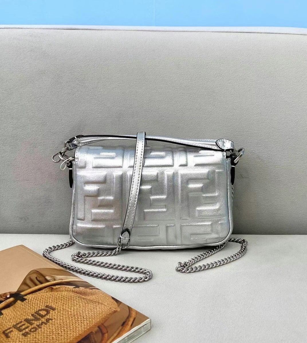 Fendi Small Baguette Bag In Silver FF Metallic Leather