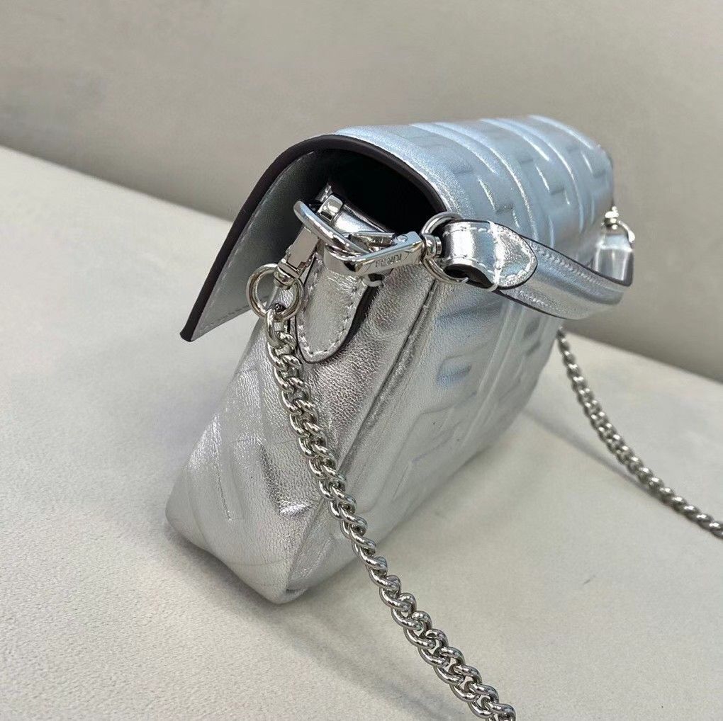 Fendi Small Baguette Bag In Silver FF Metallic Leather