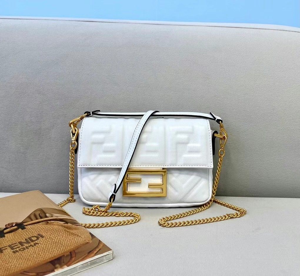 Fendi Small Baguette Bag In White FF Nappa Leather