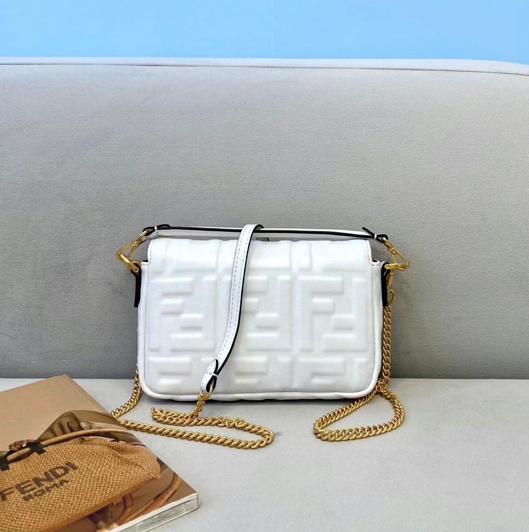 Fendi Small Baguette Bag In White FF Nappa Leather