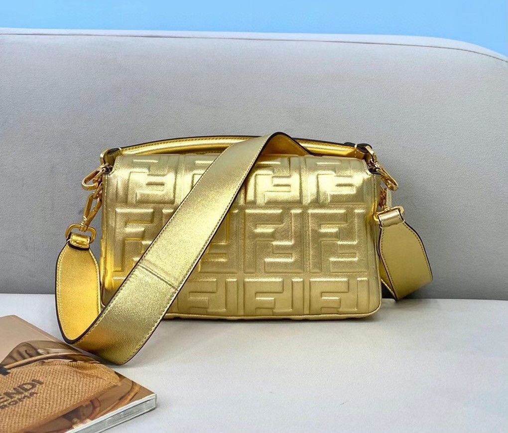 Fendi Medium Baguette Bag In Gold FF Metallic Leather