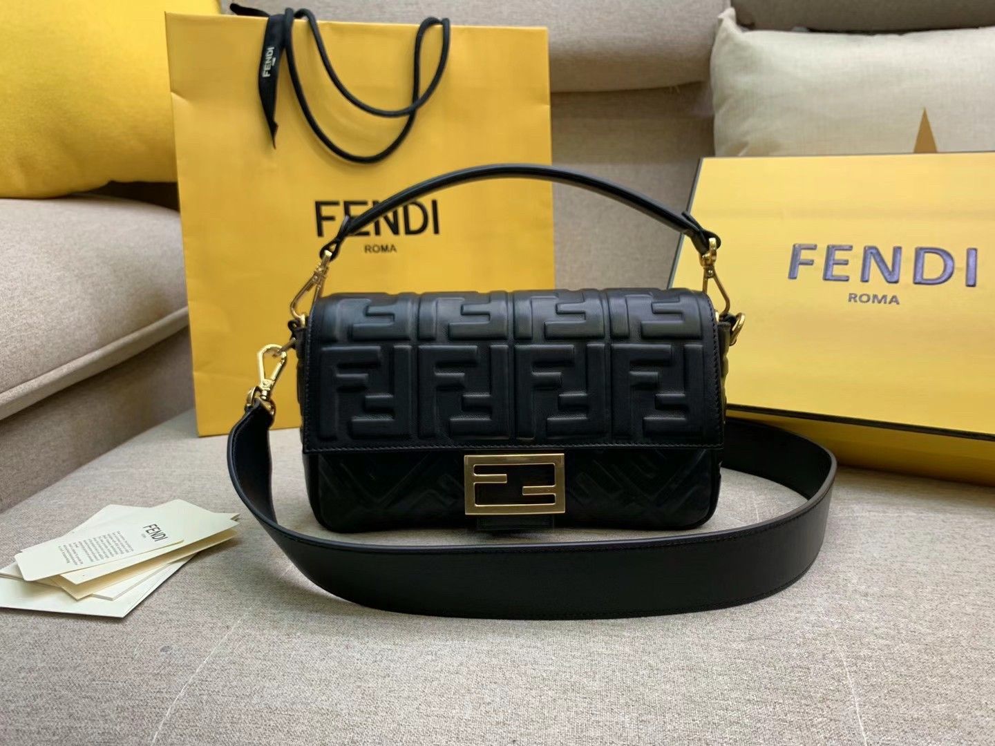 Fendi Medium Baguette Bag In Black FF Nappa Leather