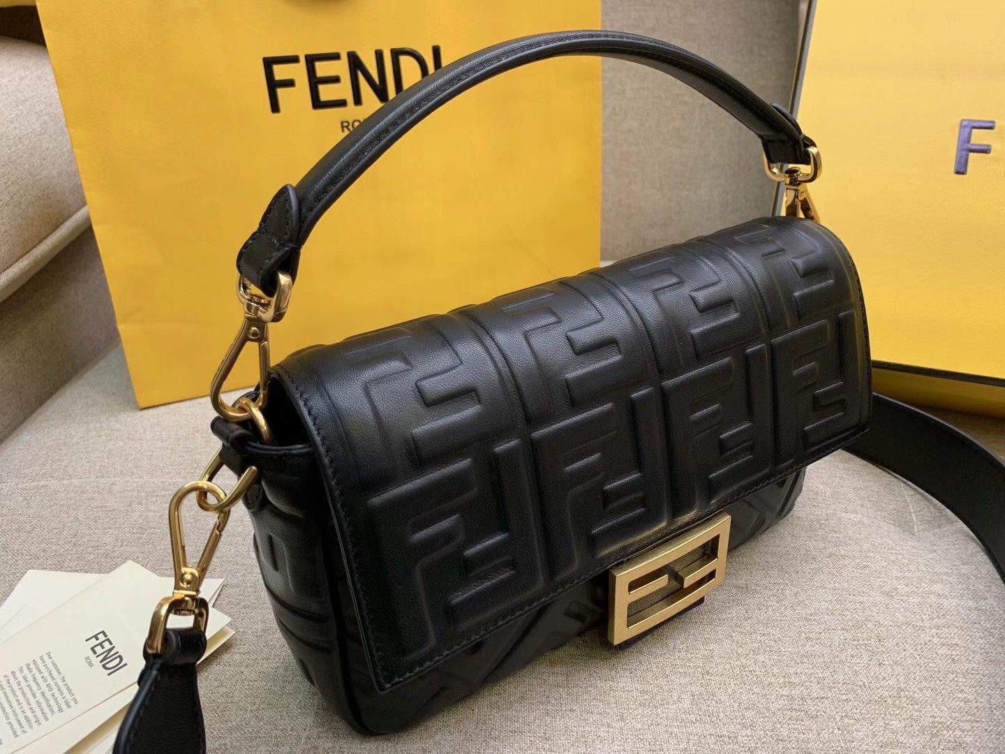 Fendi Medium Baguette Bag In Black FF Nappa Leather