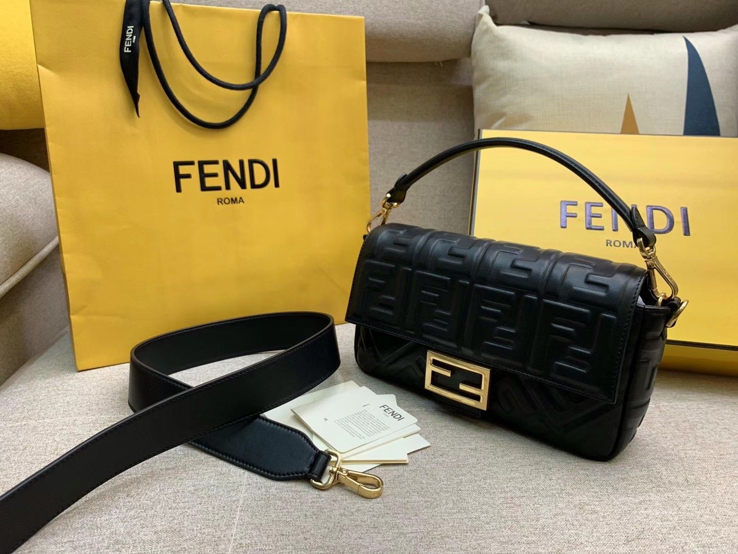 Fendi Medium Baguette Bag In Black FF Nappa Leather