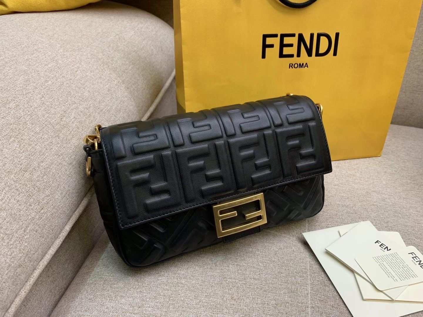 Fendi Medium Baguette Bag In Black FF Nappa Leather