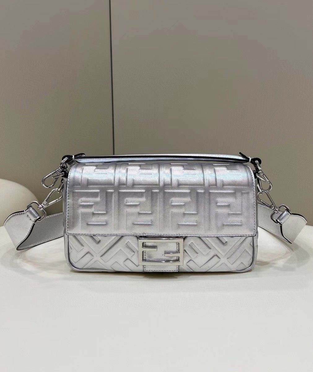 Fendi Medium Baguette Bag In Silver FF Metallic Leather