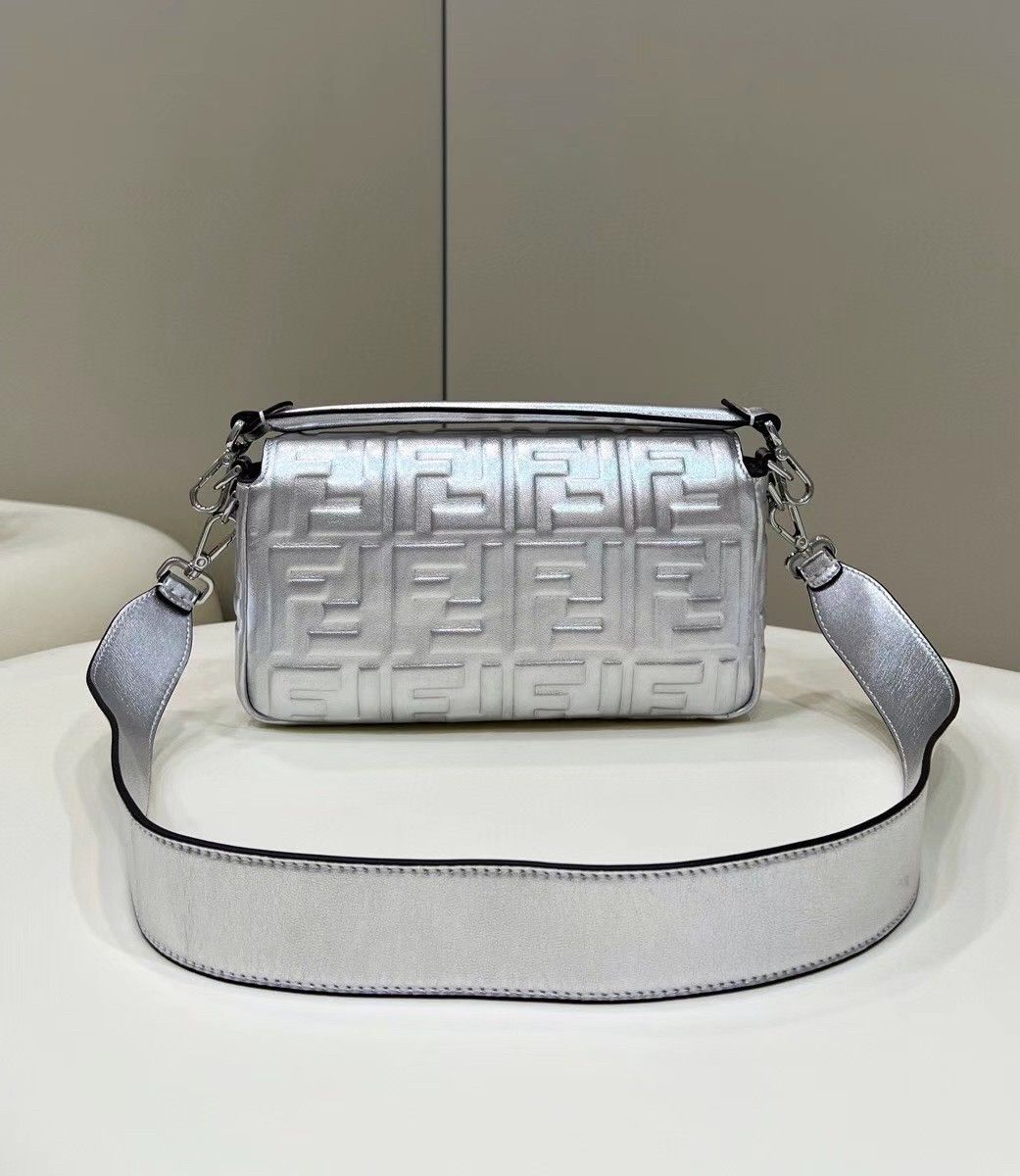 Fendi Medium Baguette Bag In Silver FF Metallic Leather