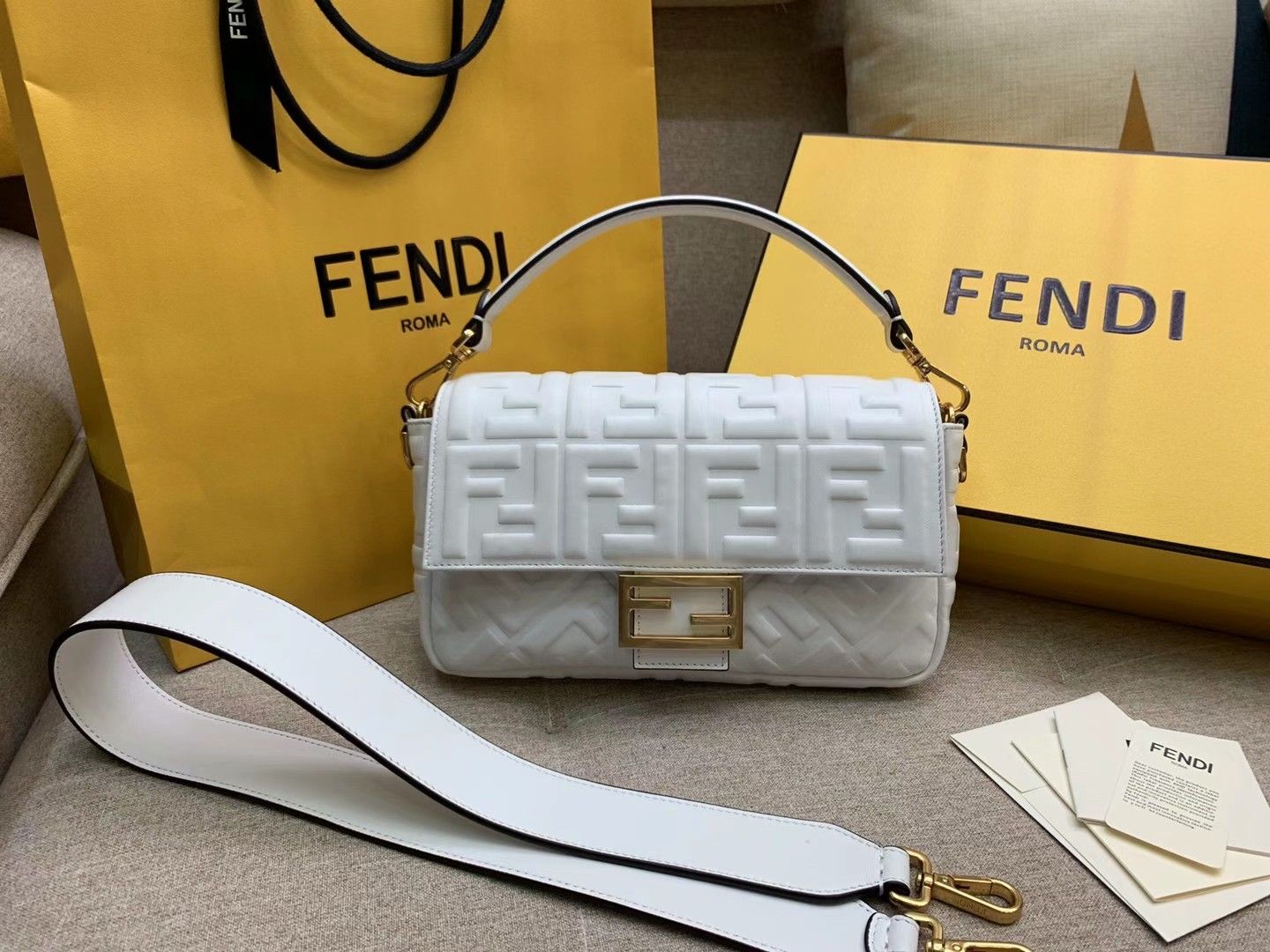 Fendi Medium Baguette Bag In White FF Nappa Leather