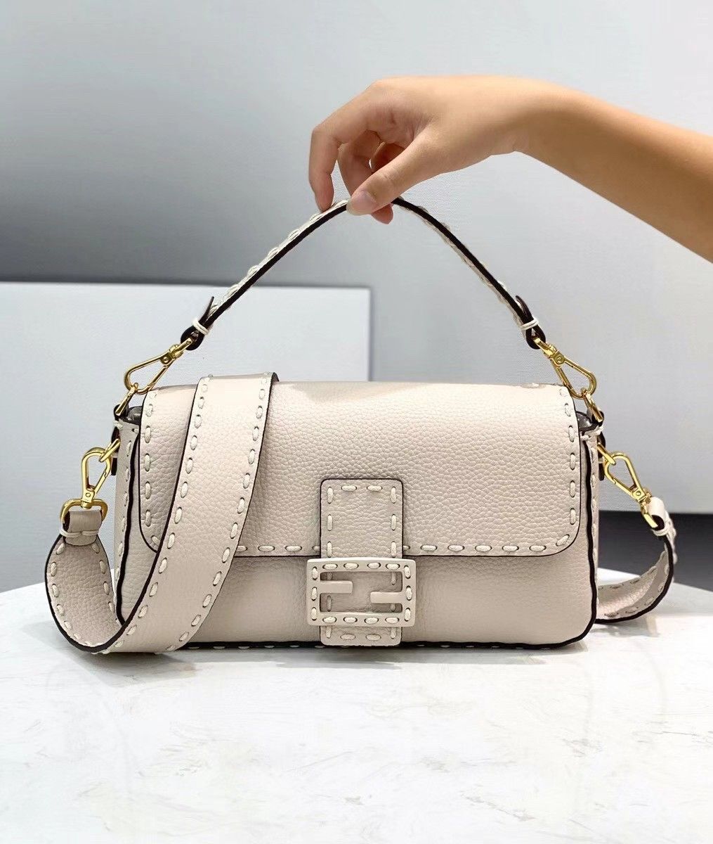 Fendi Medium Baguette Bag In White Grained Leather