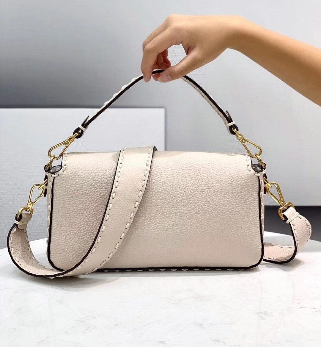 Fendi Medium Baguette Bag In White Grained Leather