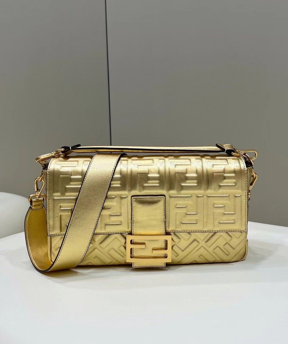 Fendi Large Baguette Bag In Gold FF Metallic Leather