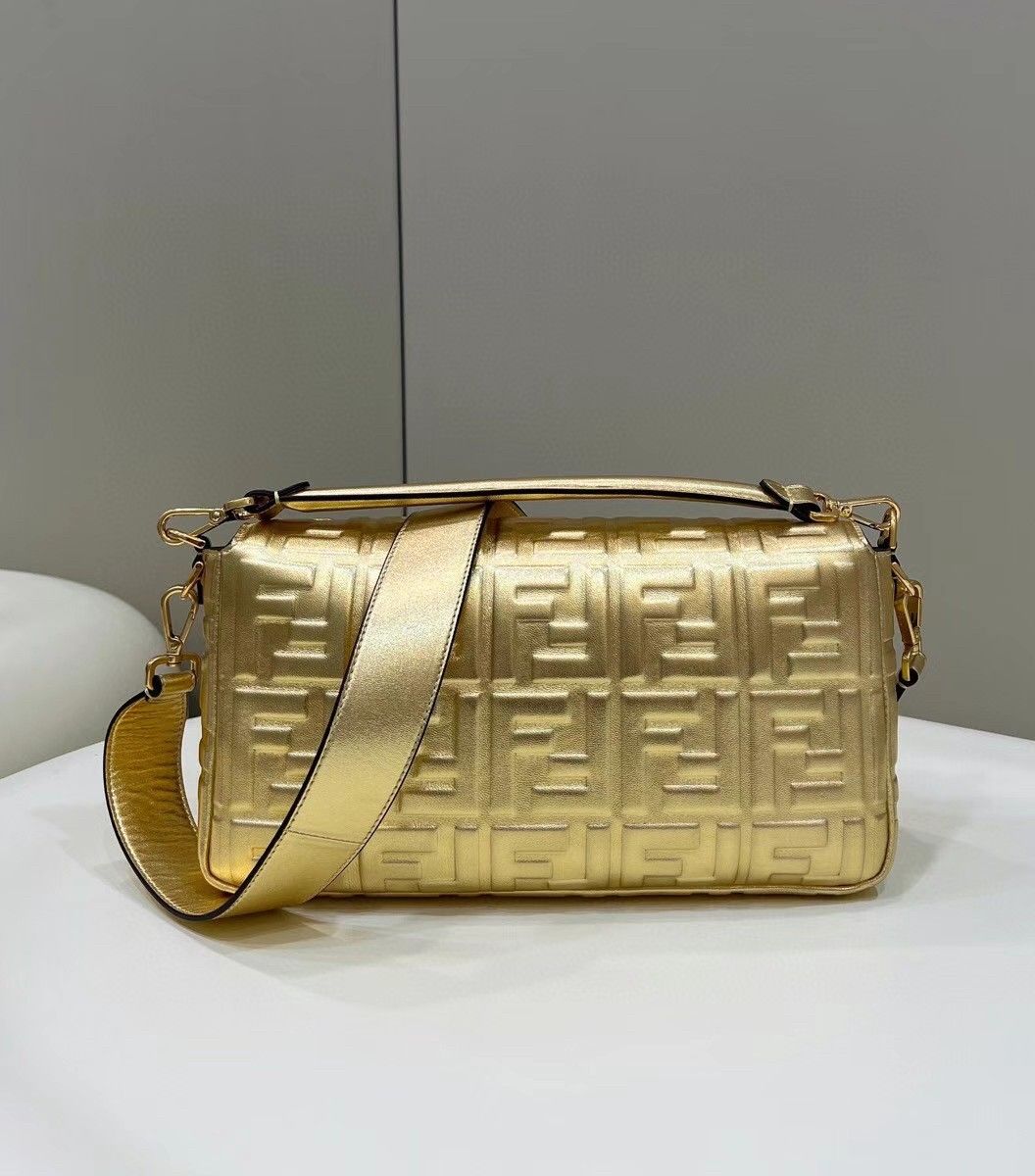 Fendi Large Baguette Bag In Gold FF Metallic Leather