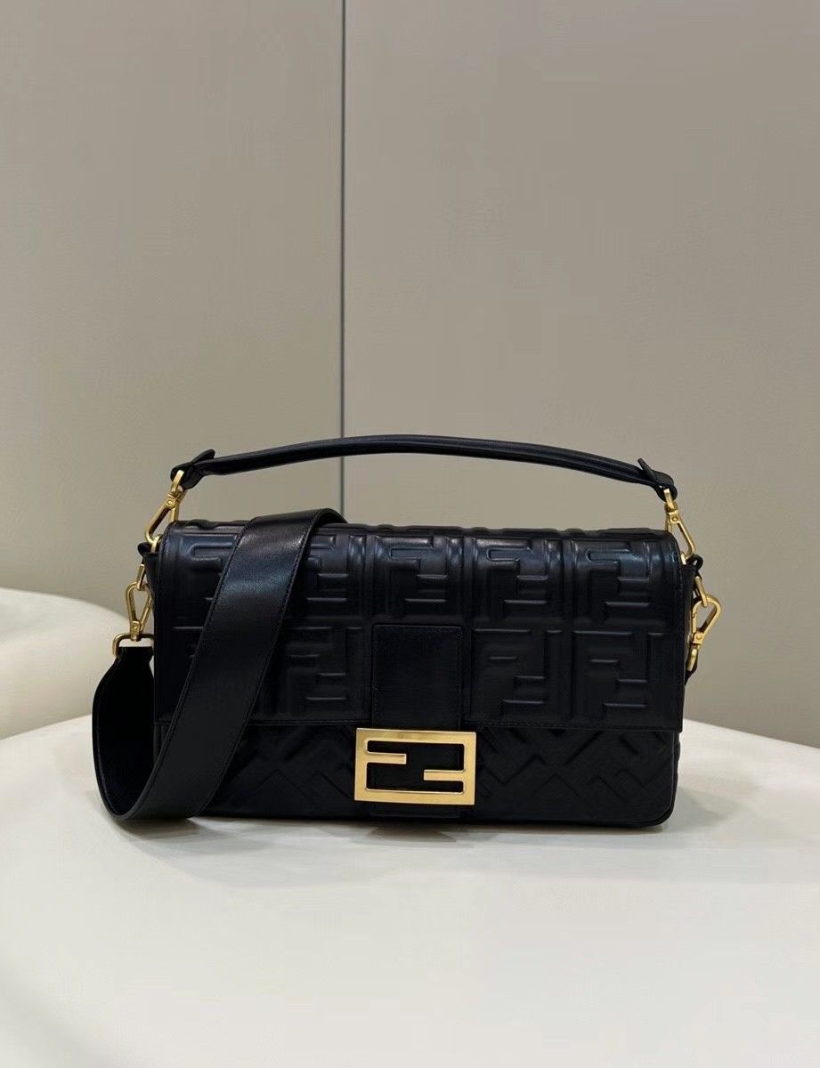 Fendi Large Baguette Bag In Black FF Nappa Leather