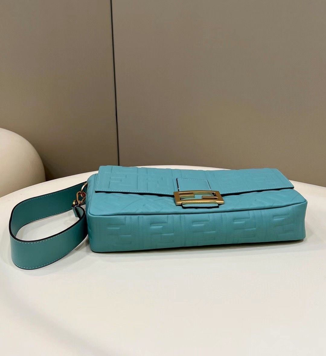 Fendi Large Baguette Bag In Blue FF Nappa Leather