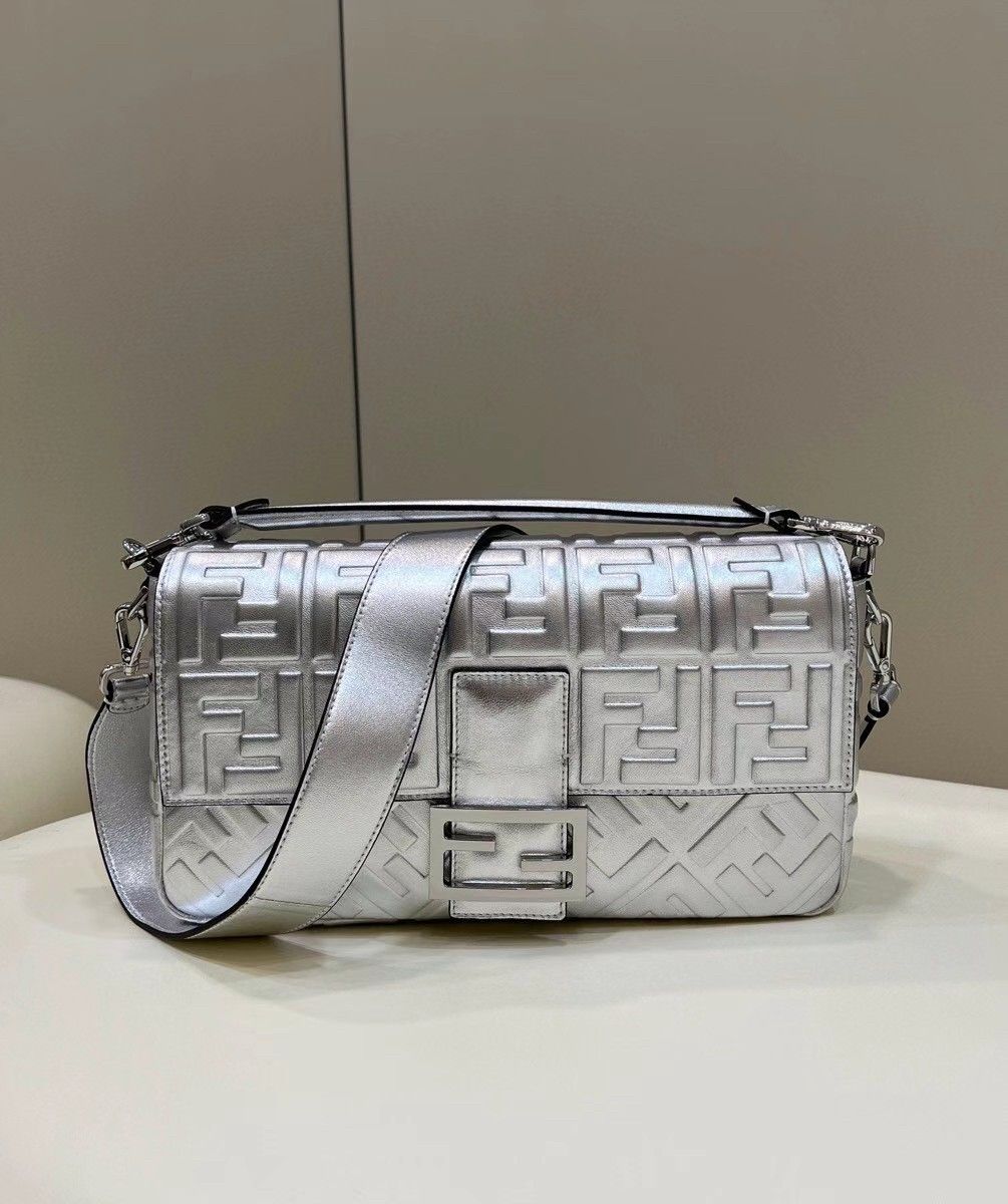 Fendi Large Baguette Bag In Silver FF Metallic Leather