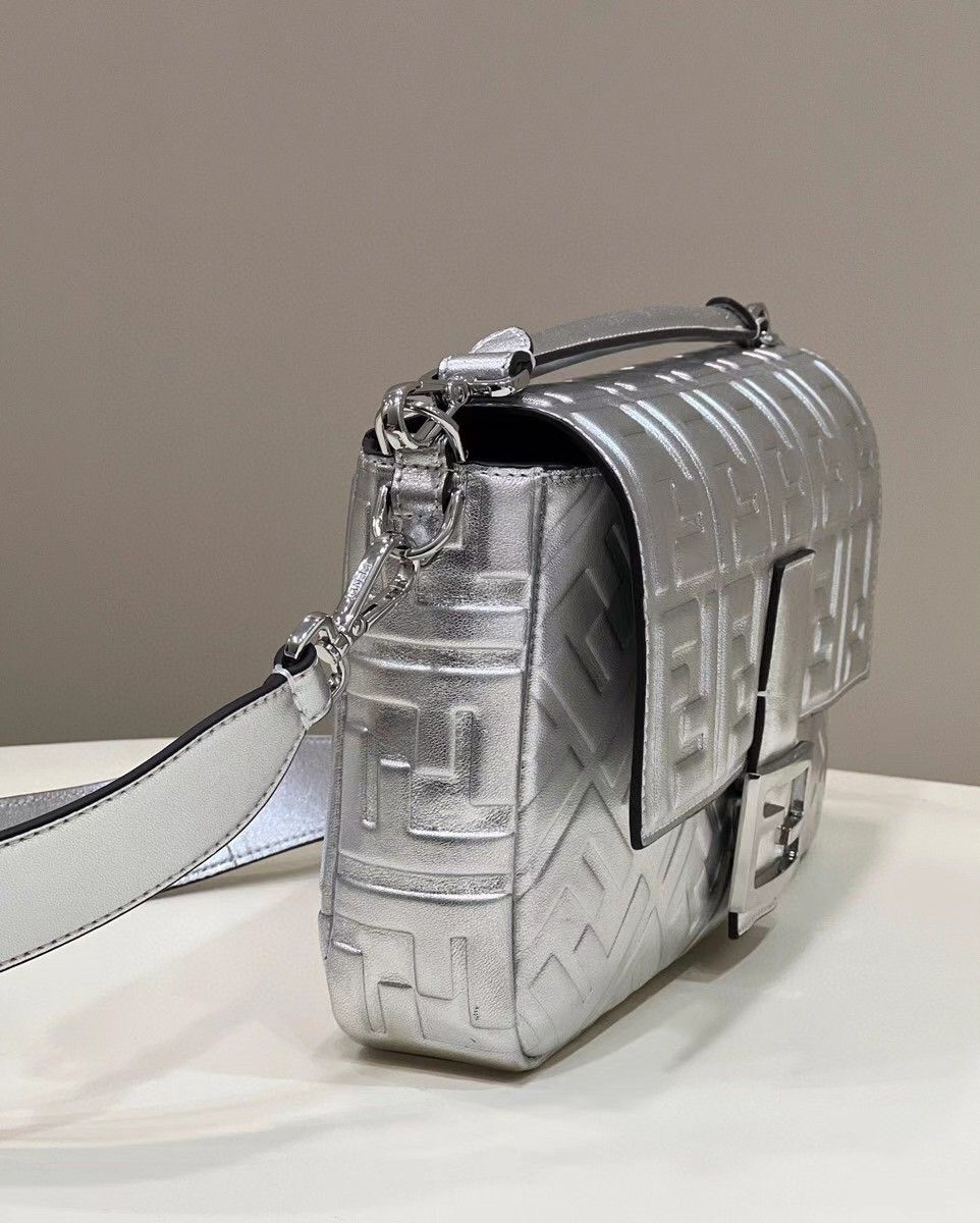 Fendi Large Baguette Bag In Silver FF Metallic Leather