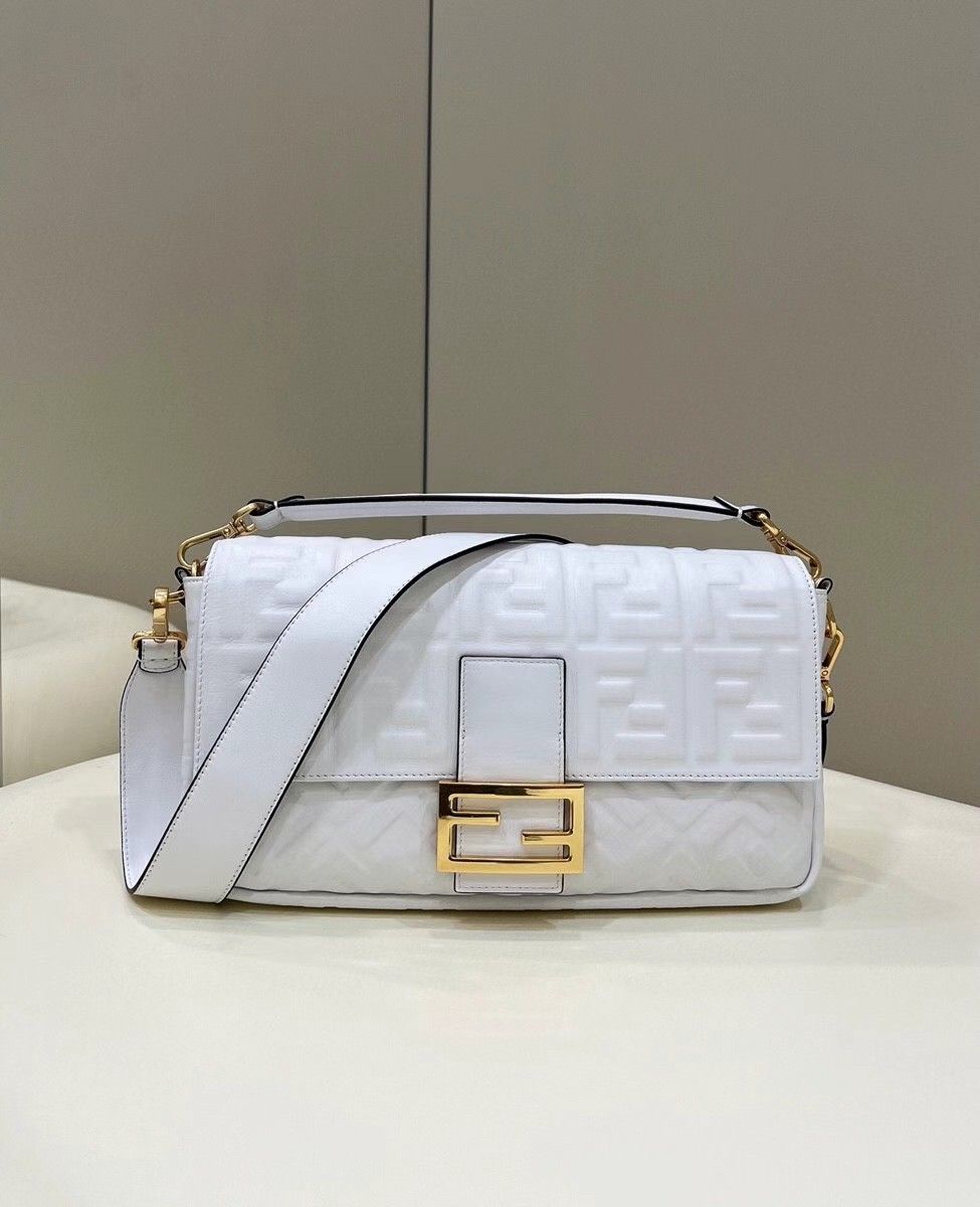 Fendi Large Baguette Bag In White FF Nappa Leather