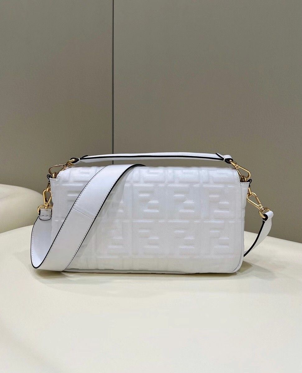 Fendi Large Baguette Bag In White FF Nappa Leather