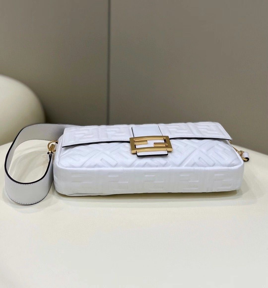 Fendi Large Baguette Bag In White FF Nappa Leather