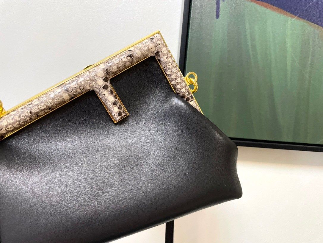 Fendi First Small Bag In Black Nappa Leather with Python F