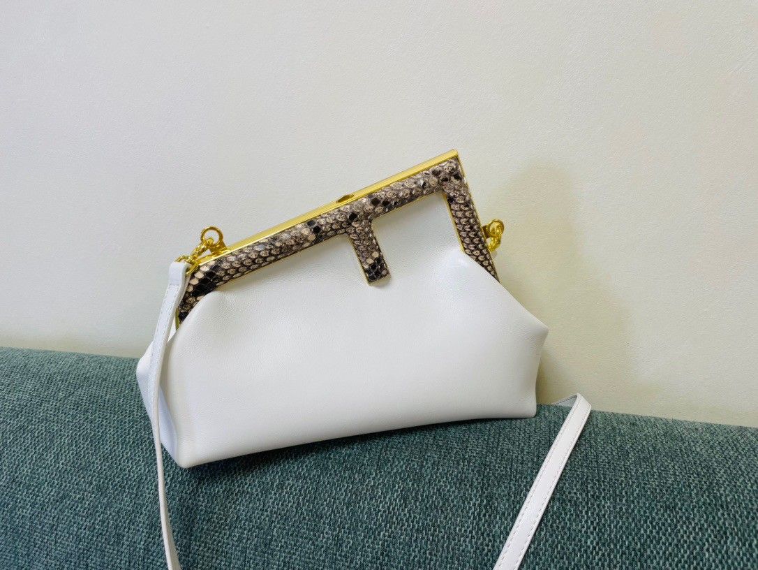 Fendi First Small Bag In White Nappa Leather with Python F