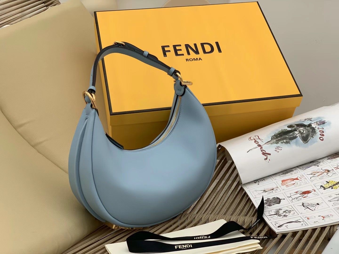 Fendi Fendigraphy Small Hobo Bag In Light Blue Leather