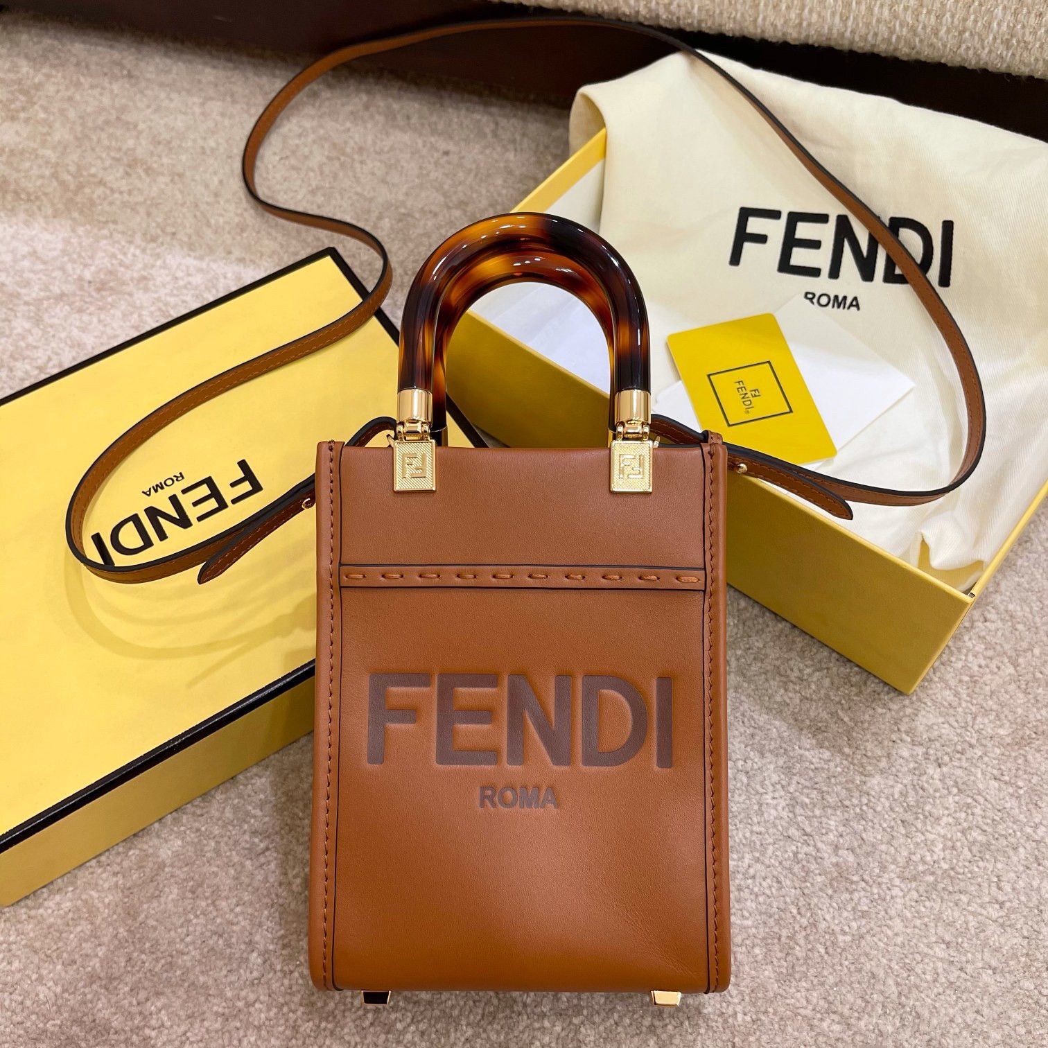 Fendi Mini Sunshine Shopper Bag In Brown Leather