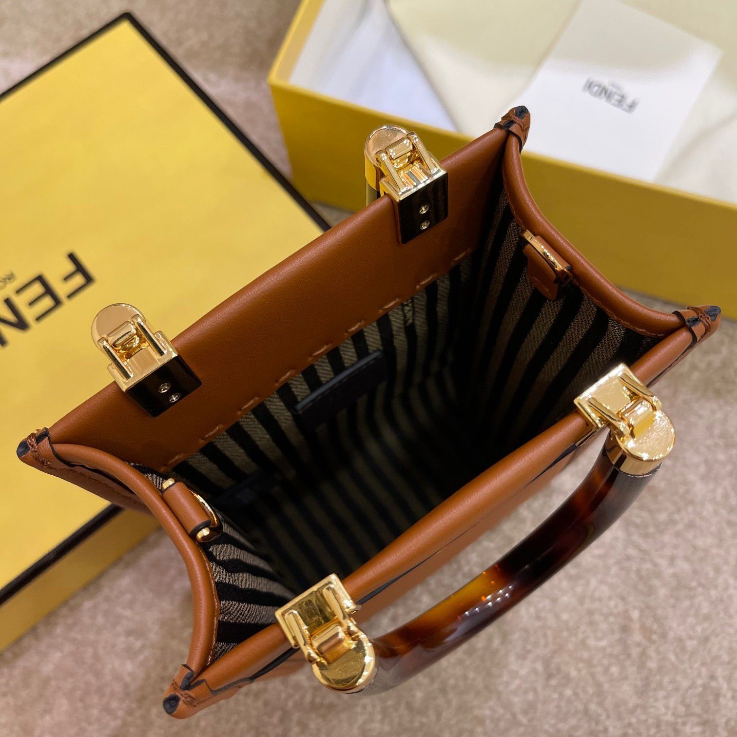 Fendi Mini Sunshine Shopper Bag In Brown Leather