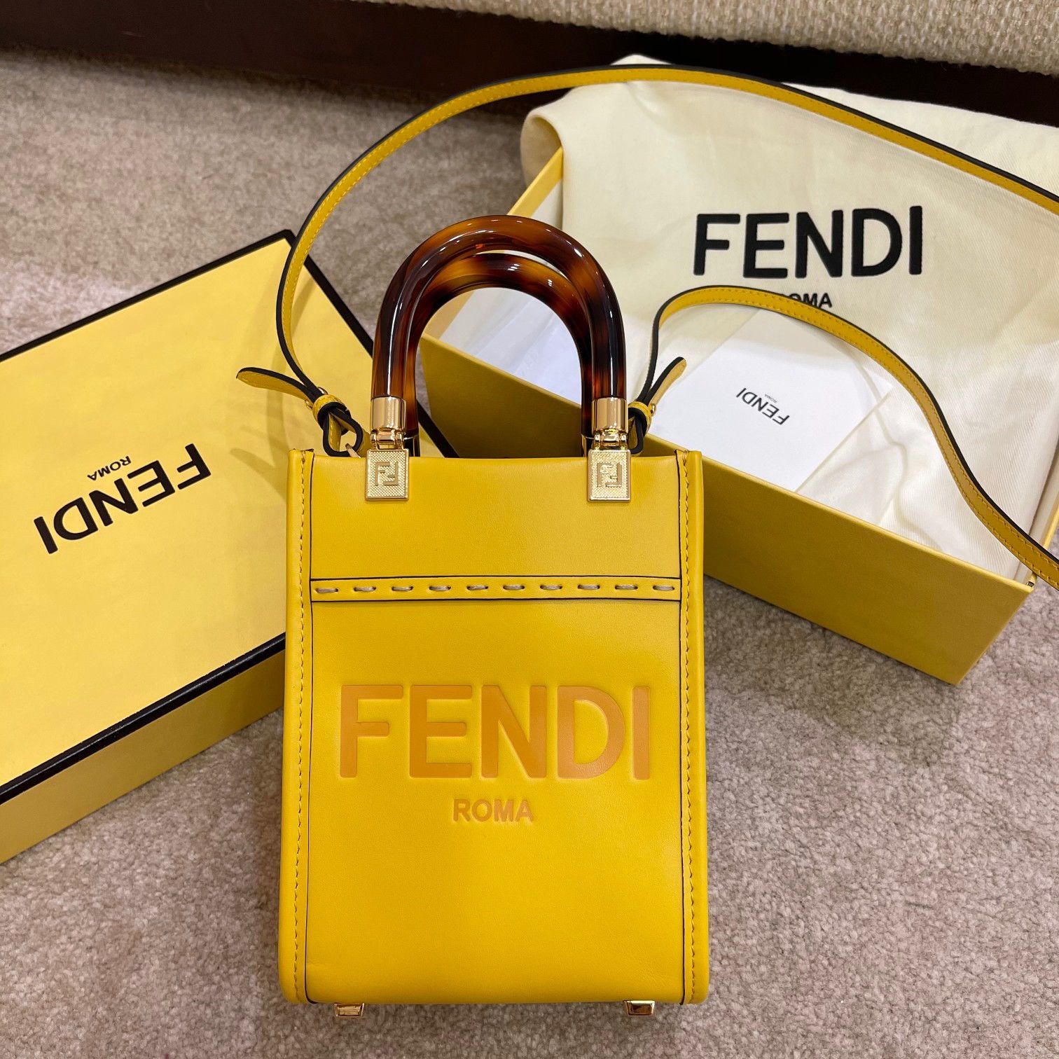 Fendi Mini Sunshine Shopper Bag In Yellow Leather