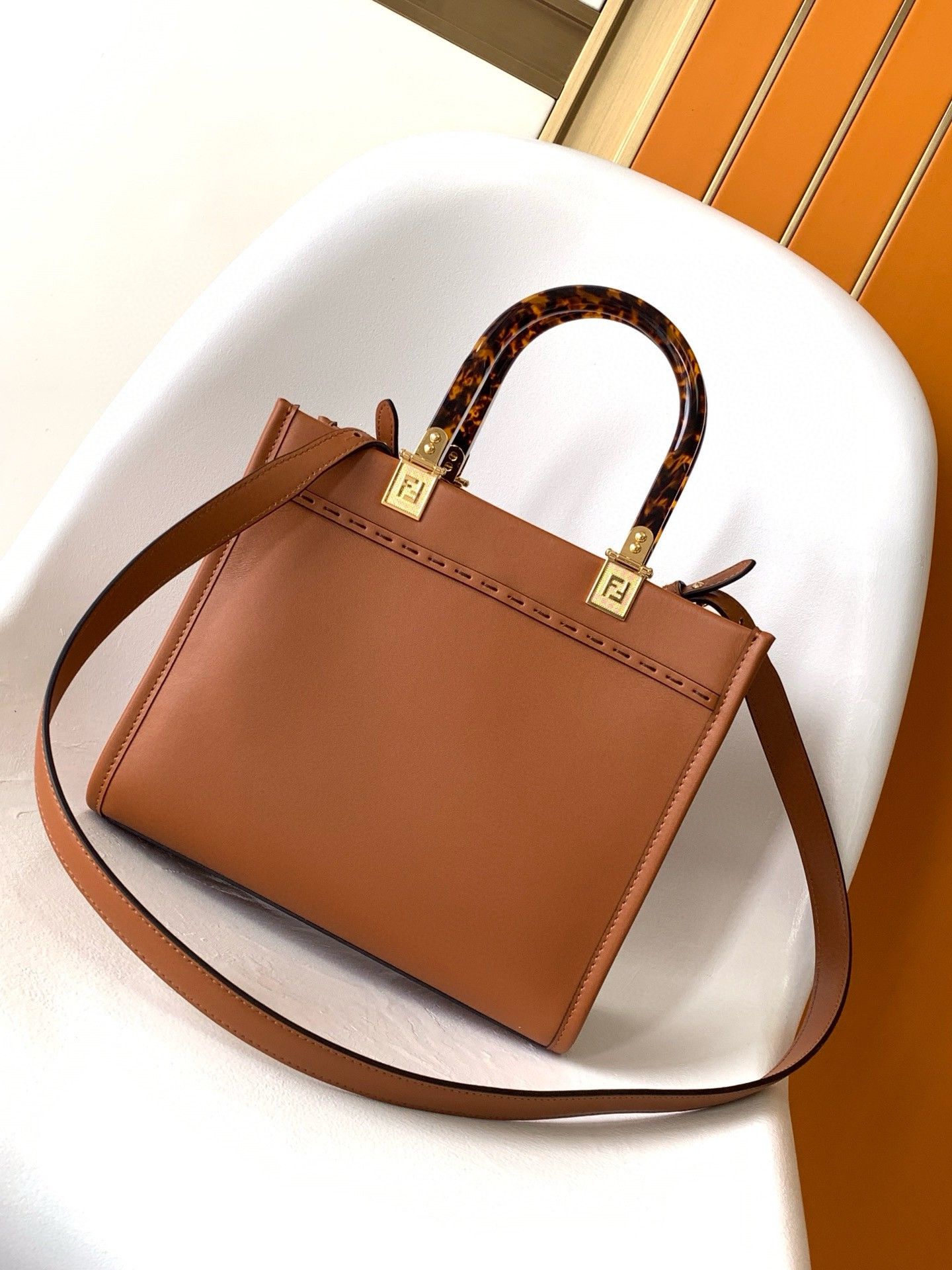 Fendi Sunshine Small Tote Bag In Brown Calfskin