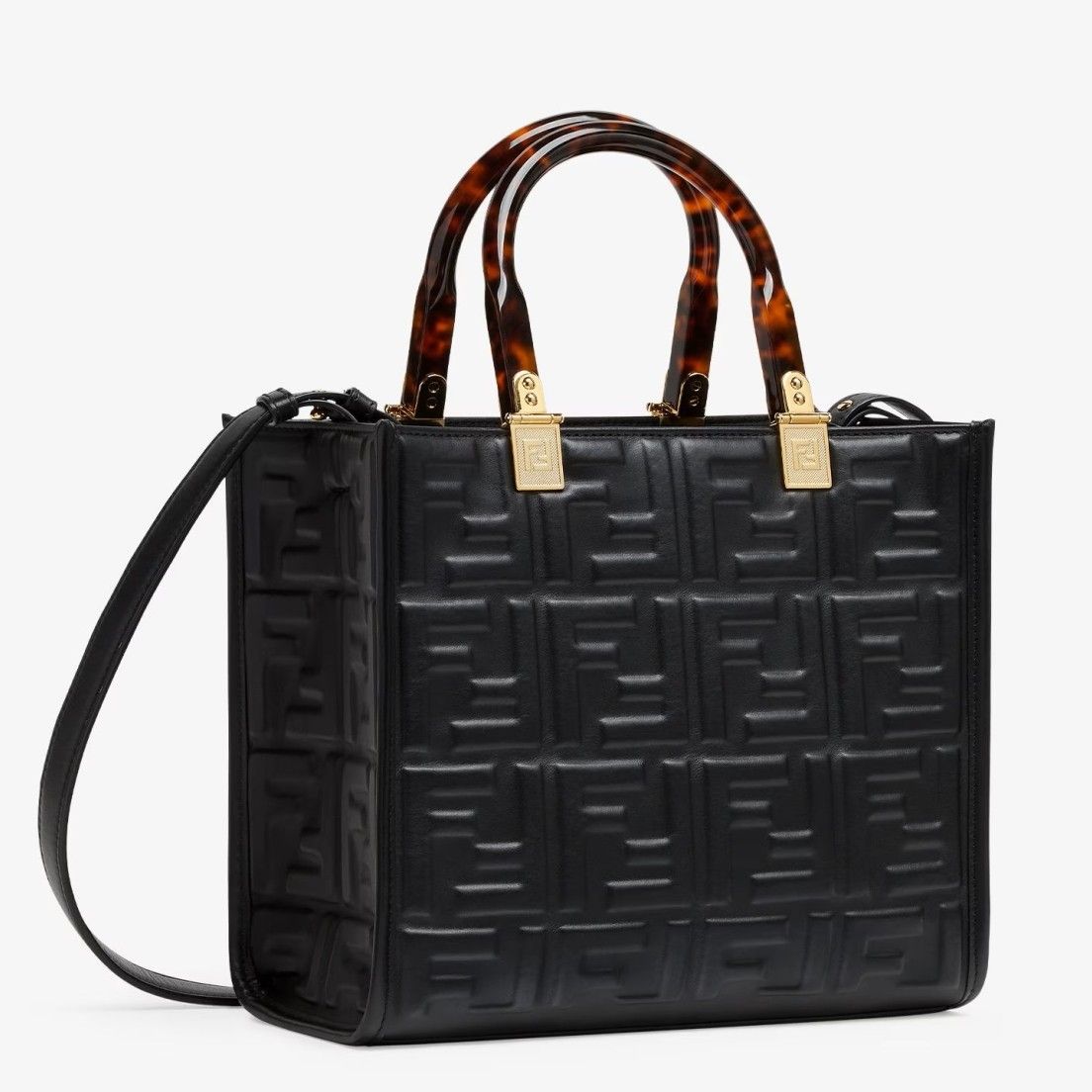 Fendi Sunshine Small Tote Bag In Black FF Calfskin