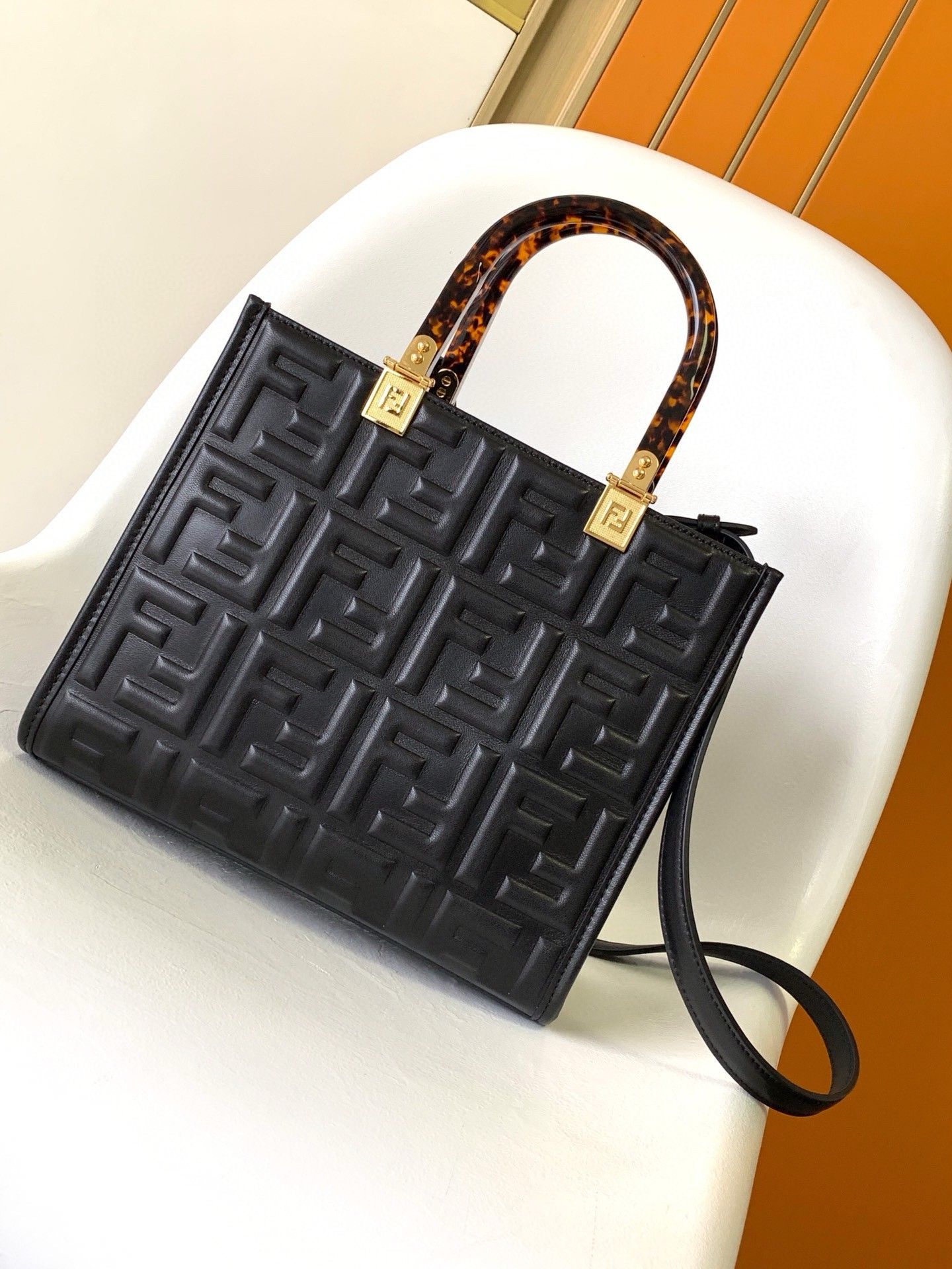 Fendi Sunshine Small Tote Bag In Black FF Calfskin