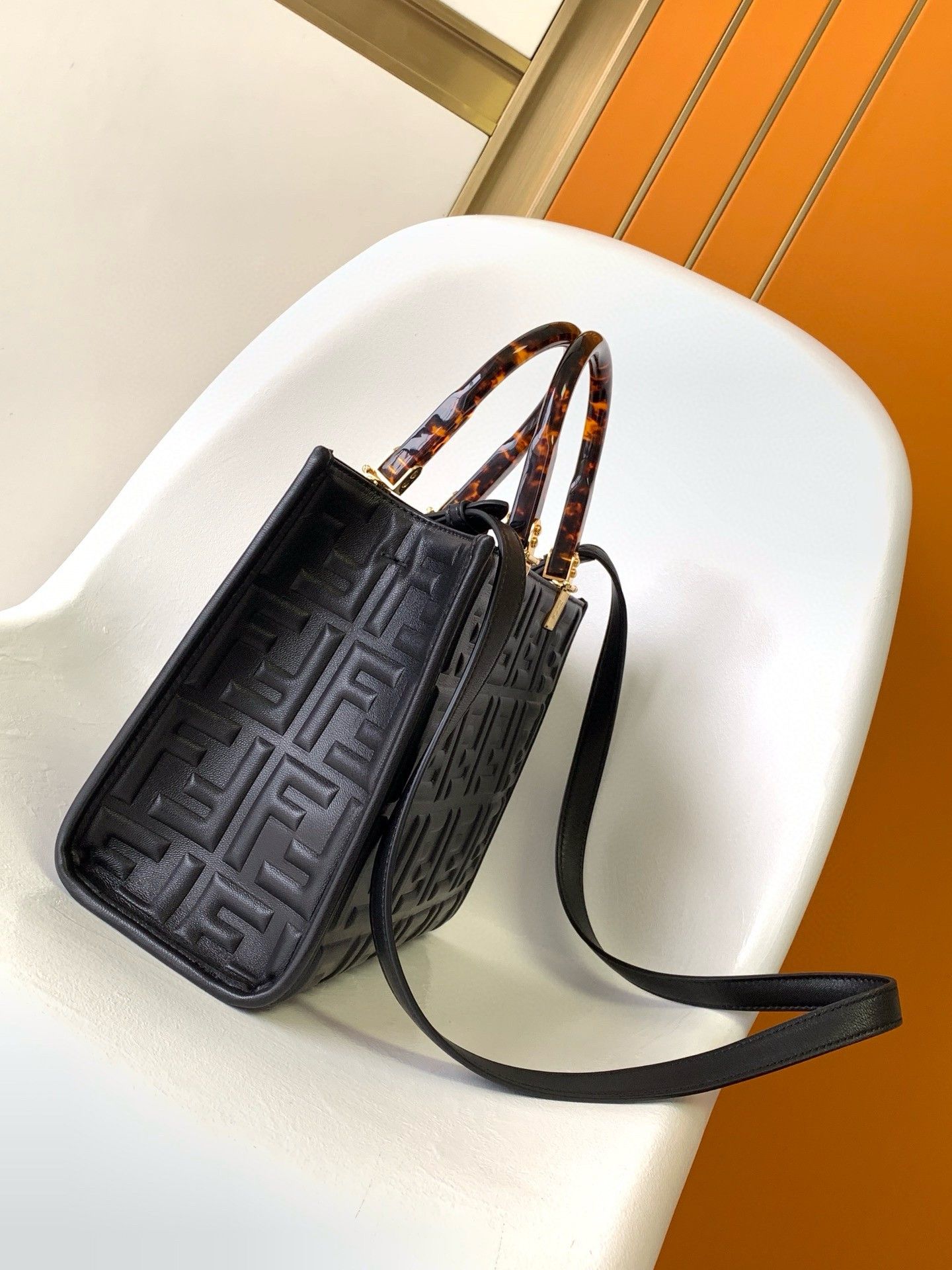 Fendi Sunshine Small Tote Bag In Black FF Calfskin