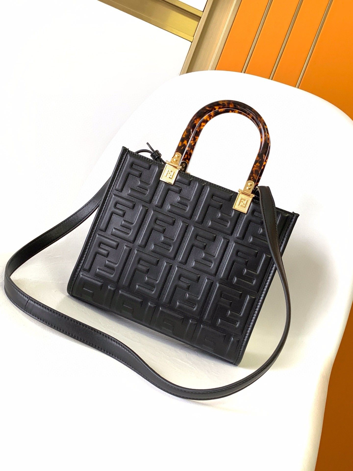 Fendi Sunshine Small Tote Bag In Black FF Calfskin