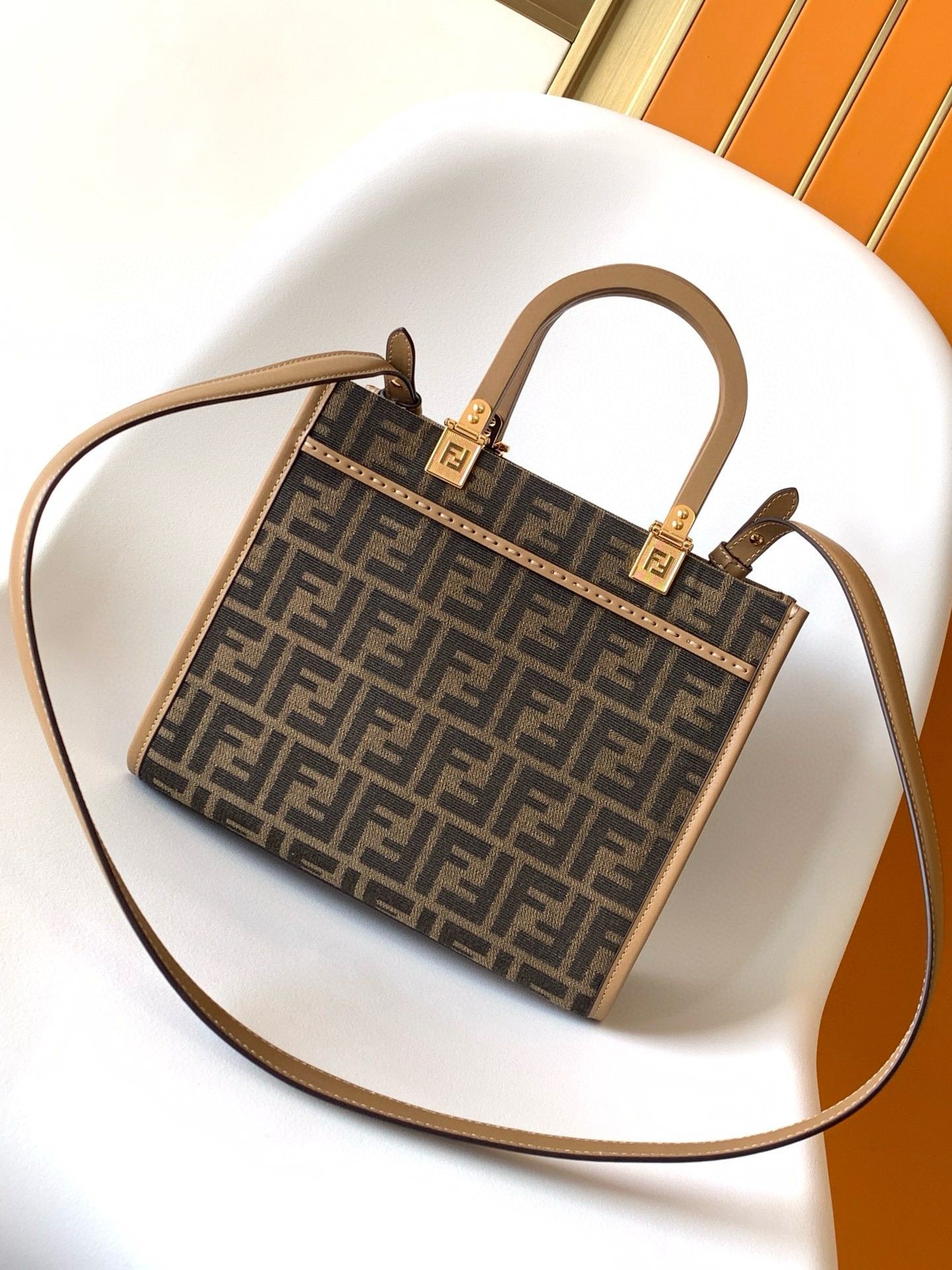 Fendi Sunshine Small Tote Bag in Brown FF Jacquard Fabric