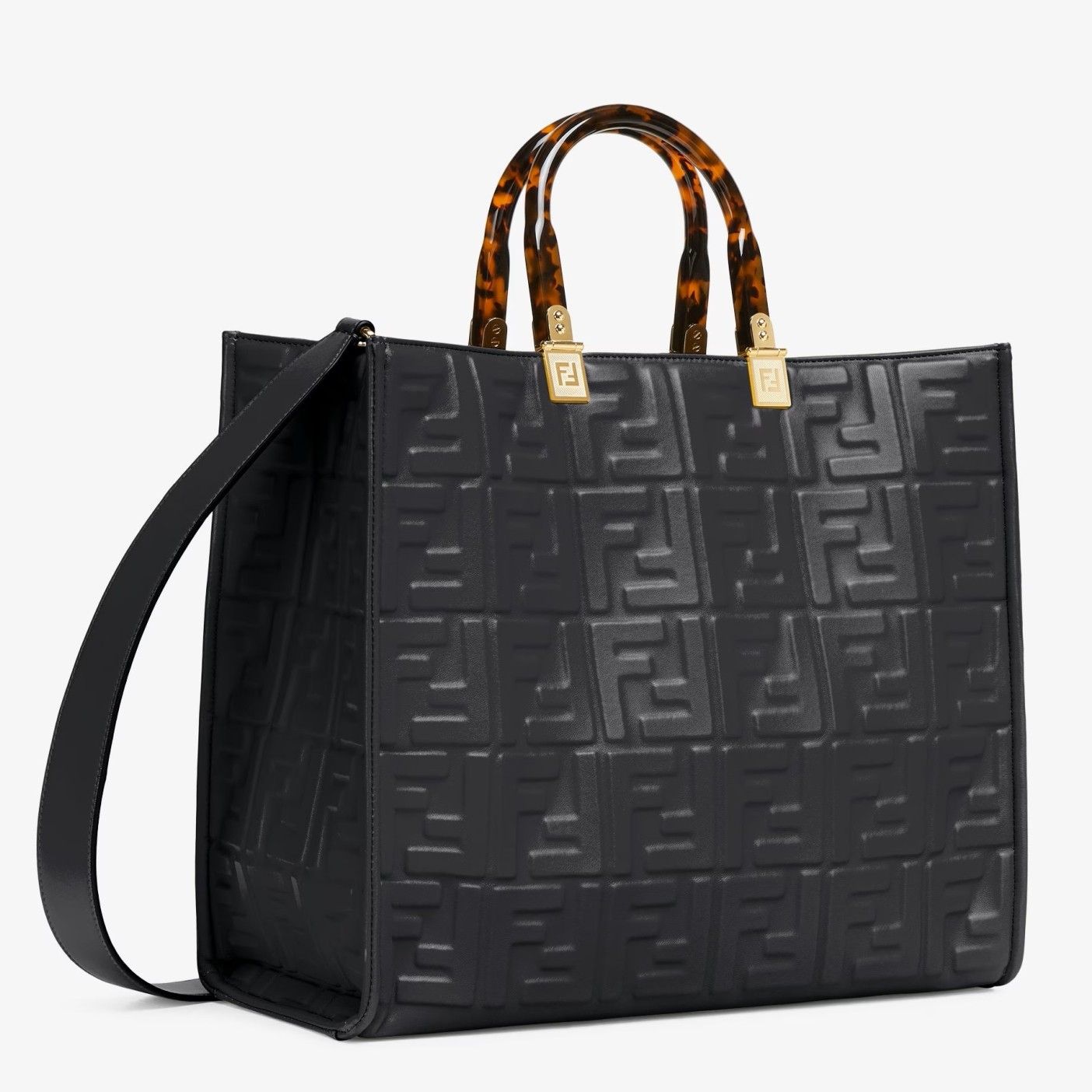 Fendi Sunshine Medium Tote Bag In Black FF Calfskin