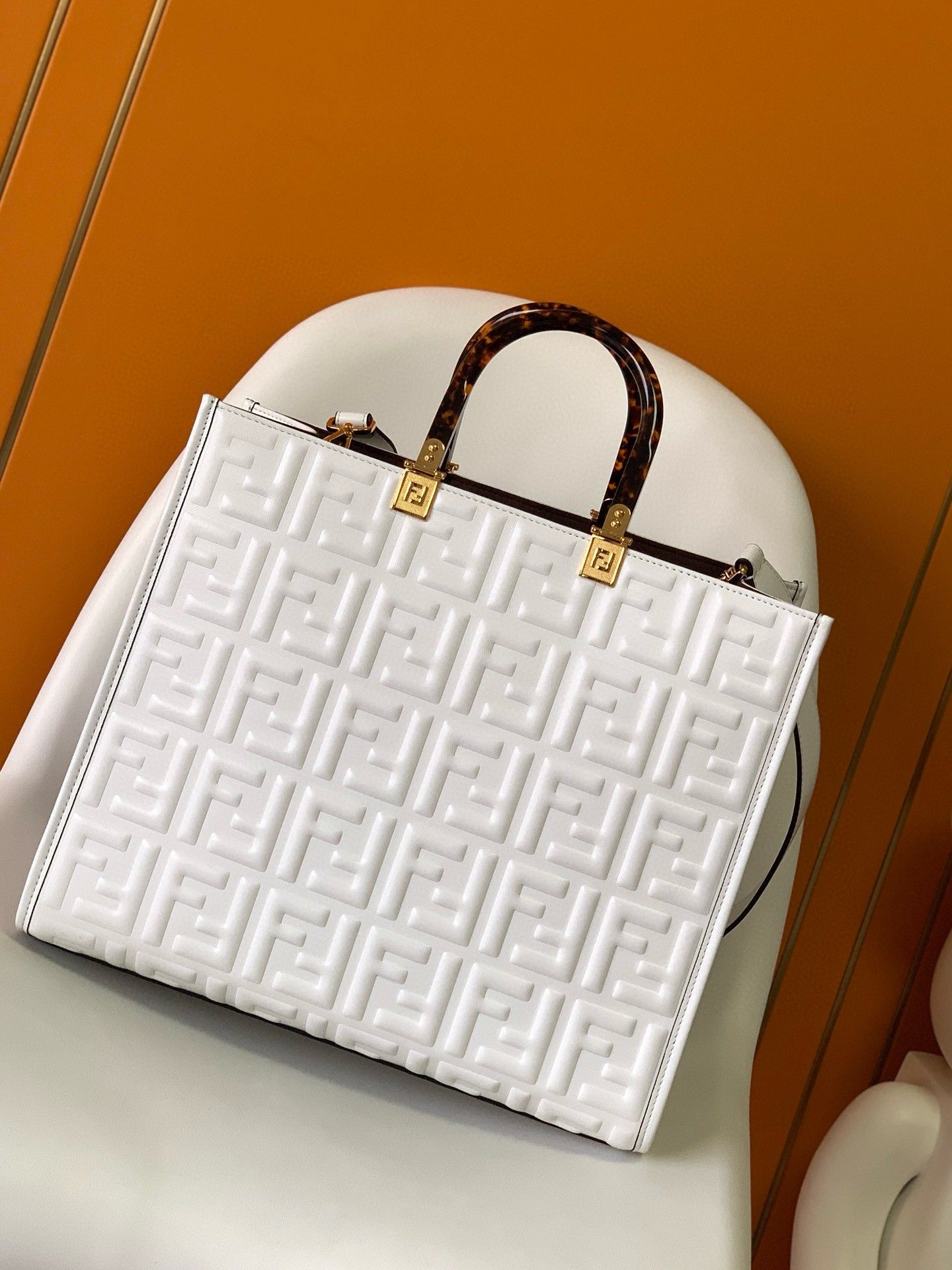 Fendi Sunshine Medium Tote Bag In White FF Calfskin