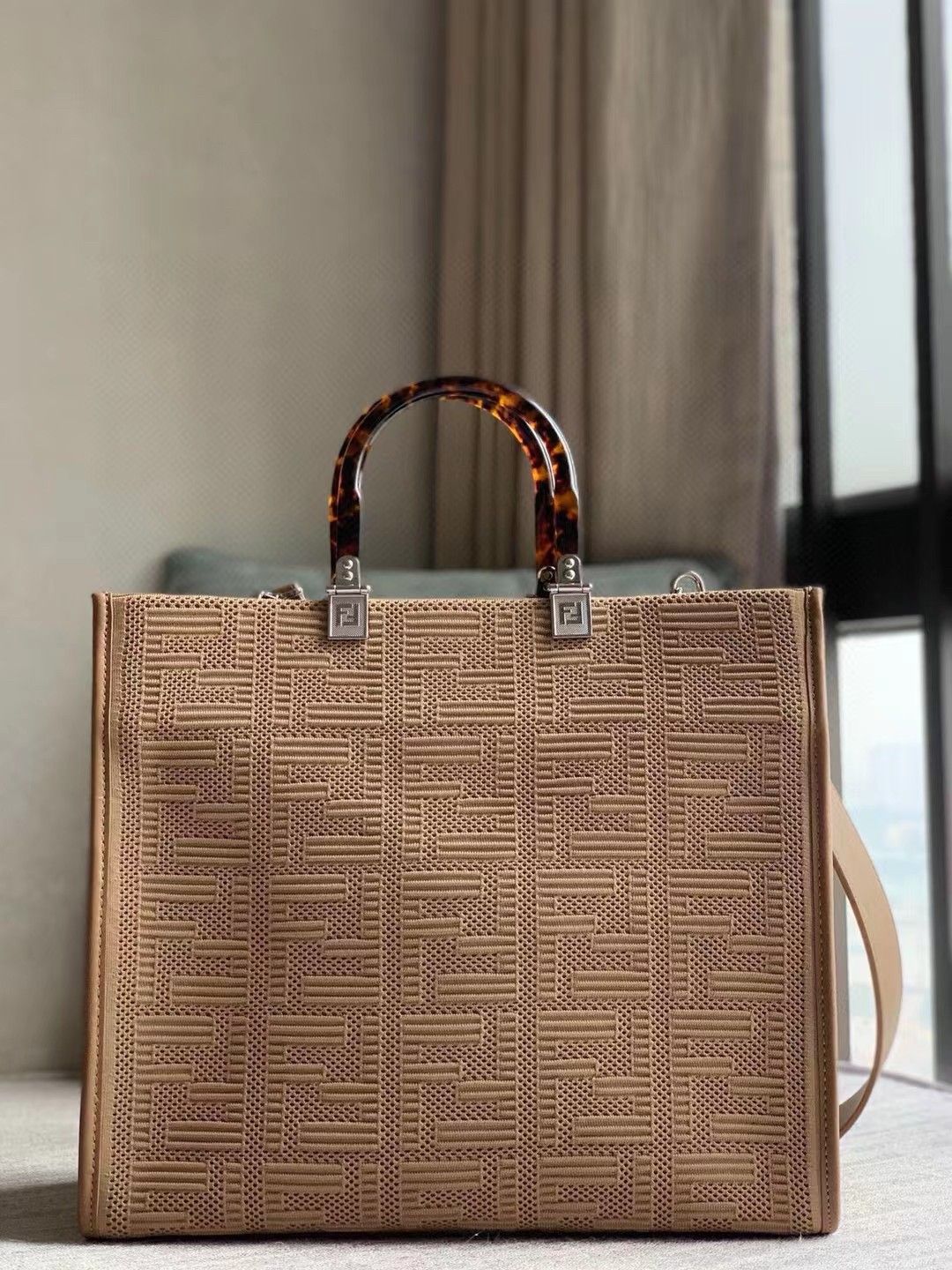 Fendi Sunshine Medium Tote Bag In Beige FF Fabric