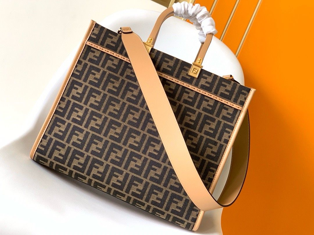 Fendi Sunshine Medium Tote Bag in Brown FF Jacquard Fabric